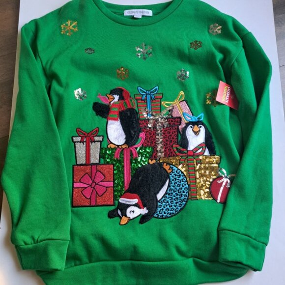 Fun adult women L 10-12  penguin Christmas party sweater sequins appliques NEW - Picture 1 of 4